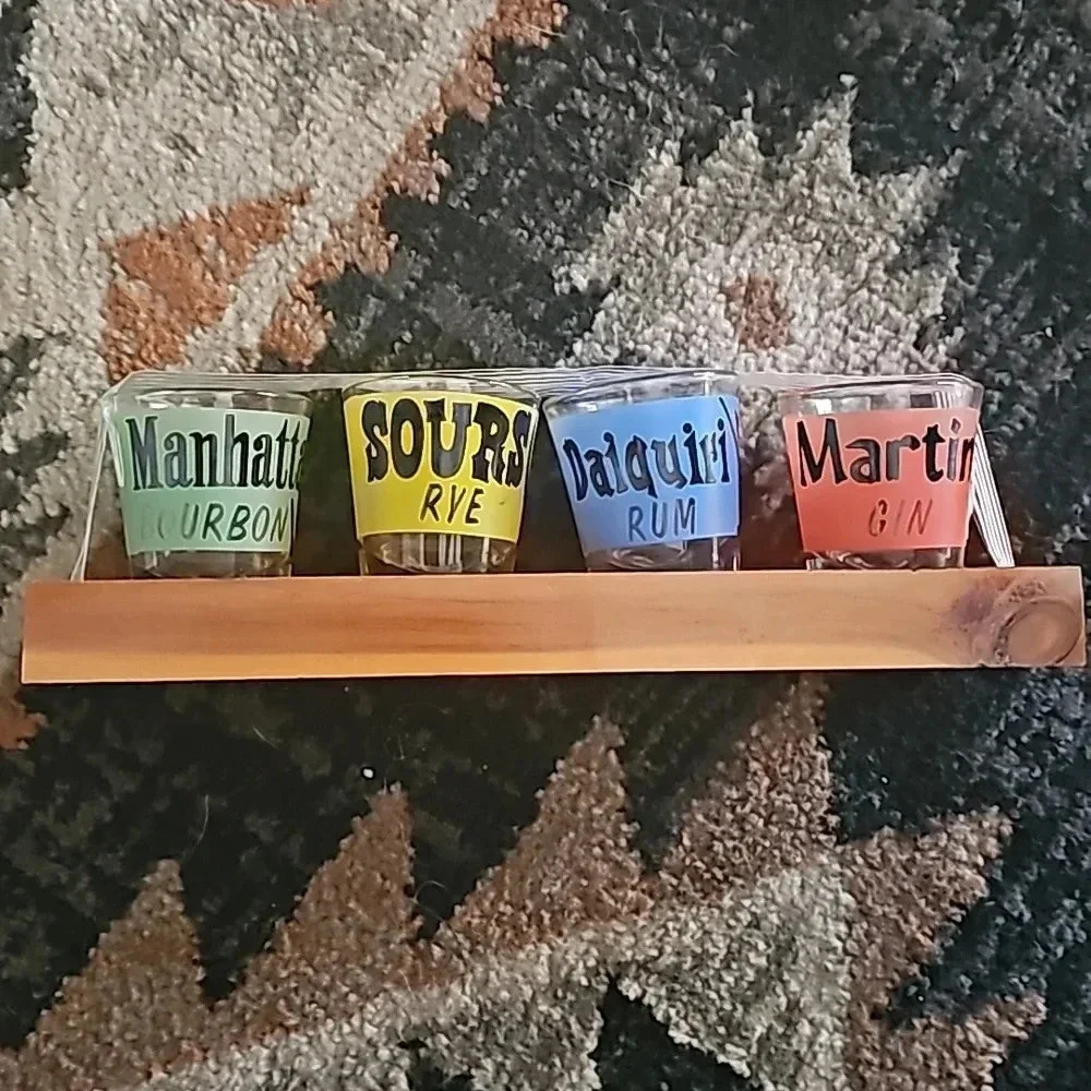 Vintage Painted Souvenir 4 Shot Glass Set w/ Wood Tray "For Our Bar Association"